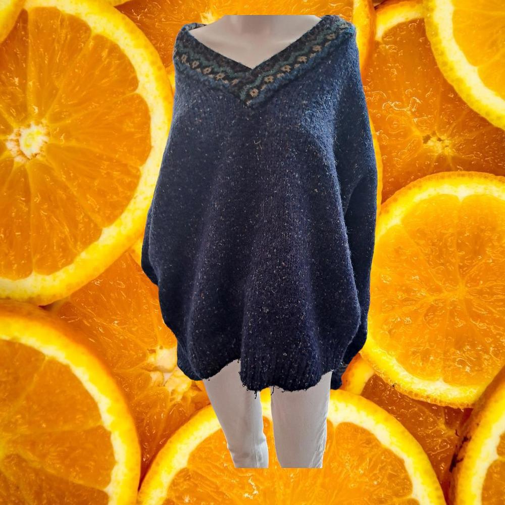 Vintage VTG Cellini Marled Blue V Neck Design Knit Sweater Size Large